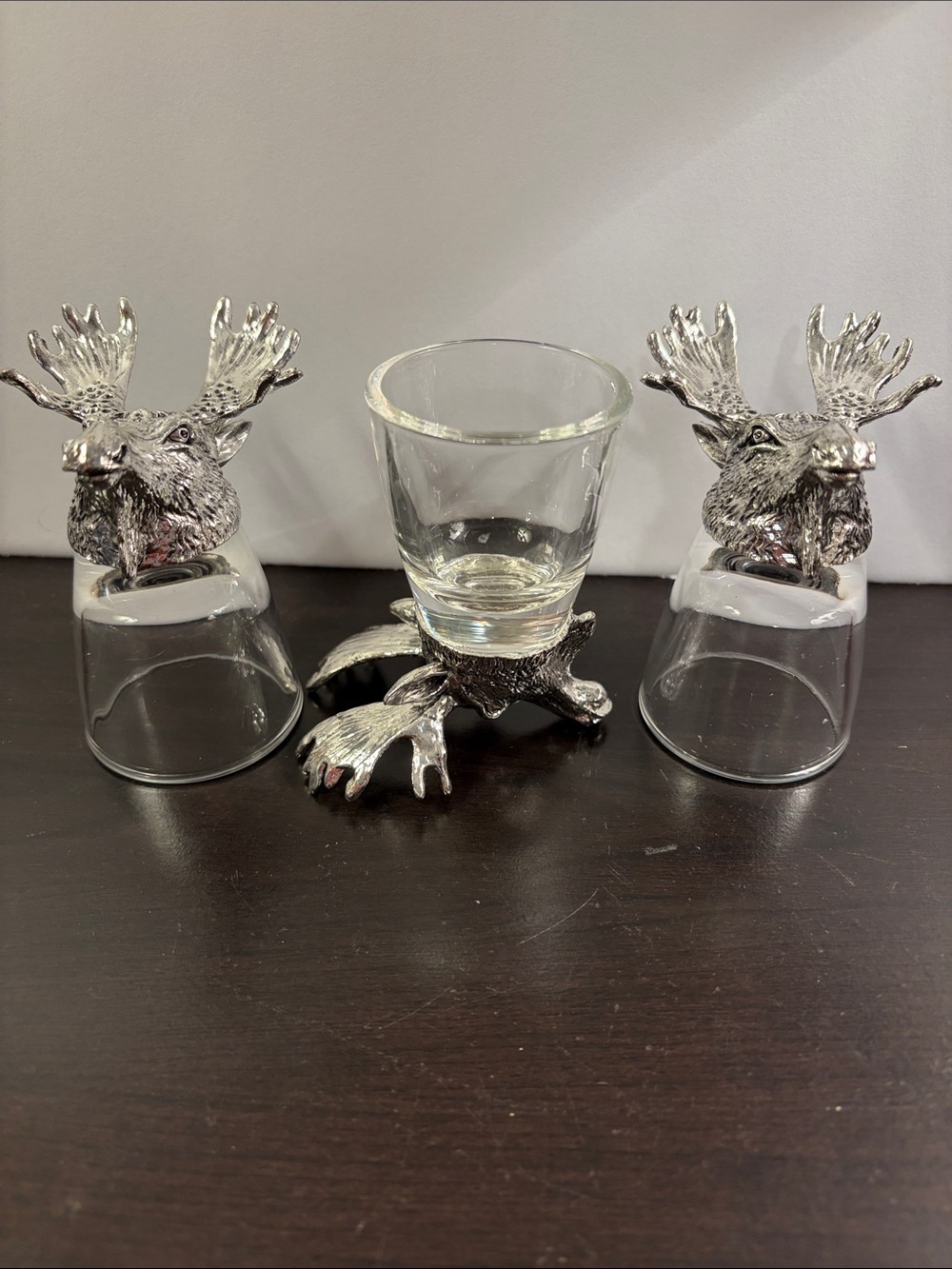 Three Silver Moose Head Shot Glasses and Holder Set - Decorative Barware